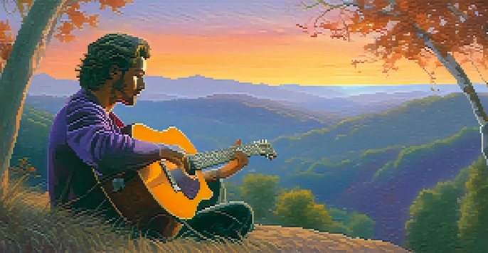 A musician sits on a hilltop at sunset, with a guitar beside them, surrounded by nature in a tranquil landscape.