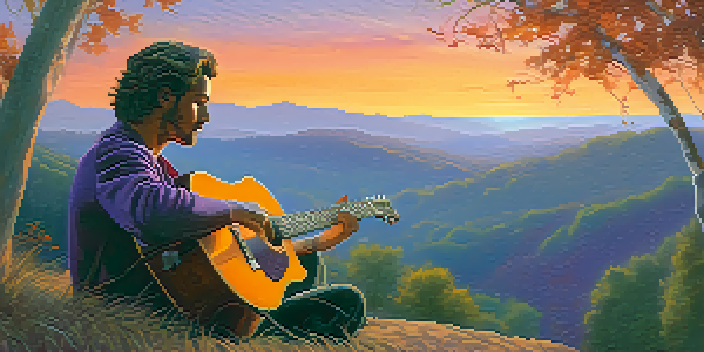 A musician sits on a hilltop at sunset, with a guitar beside them, surrounded by nature in a tranquil landscape.