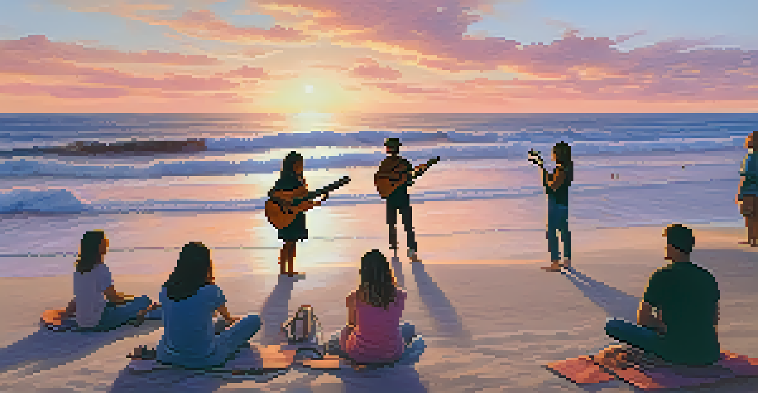 Young people playing acoustic instruments on a beach at sunset, promoting ocean conservation with a beautiful view of the waves and sky.