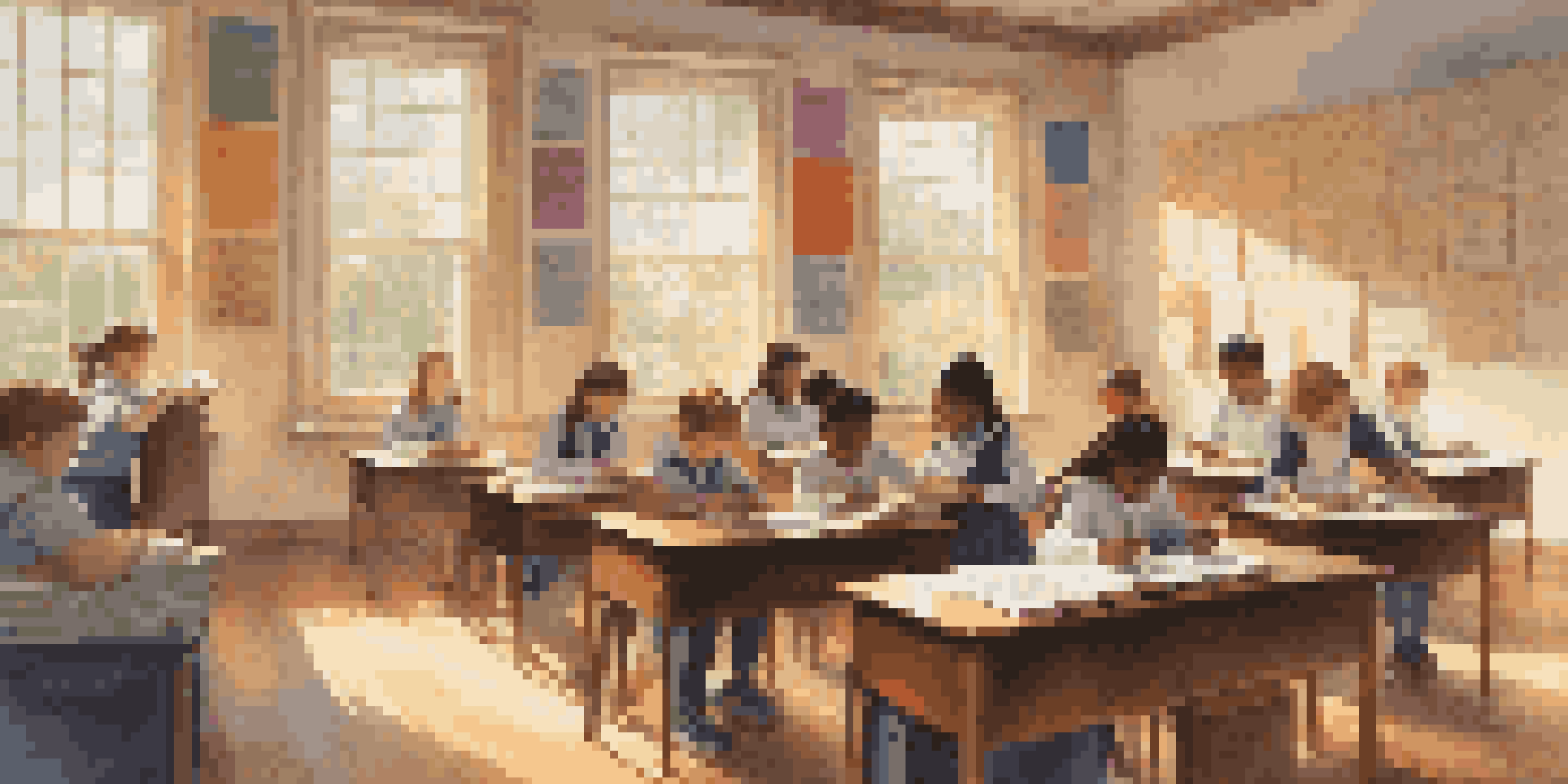 A bright and inviting classroom where students are focused on learning with classical music in the background, illuminated by sunlight.