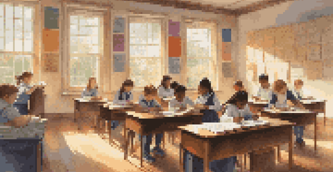 A bright and inviting classroom where students are focused on learning with classical music in the background, illuminated by sunlight.