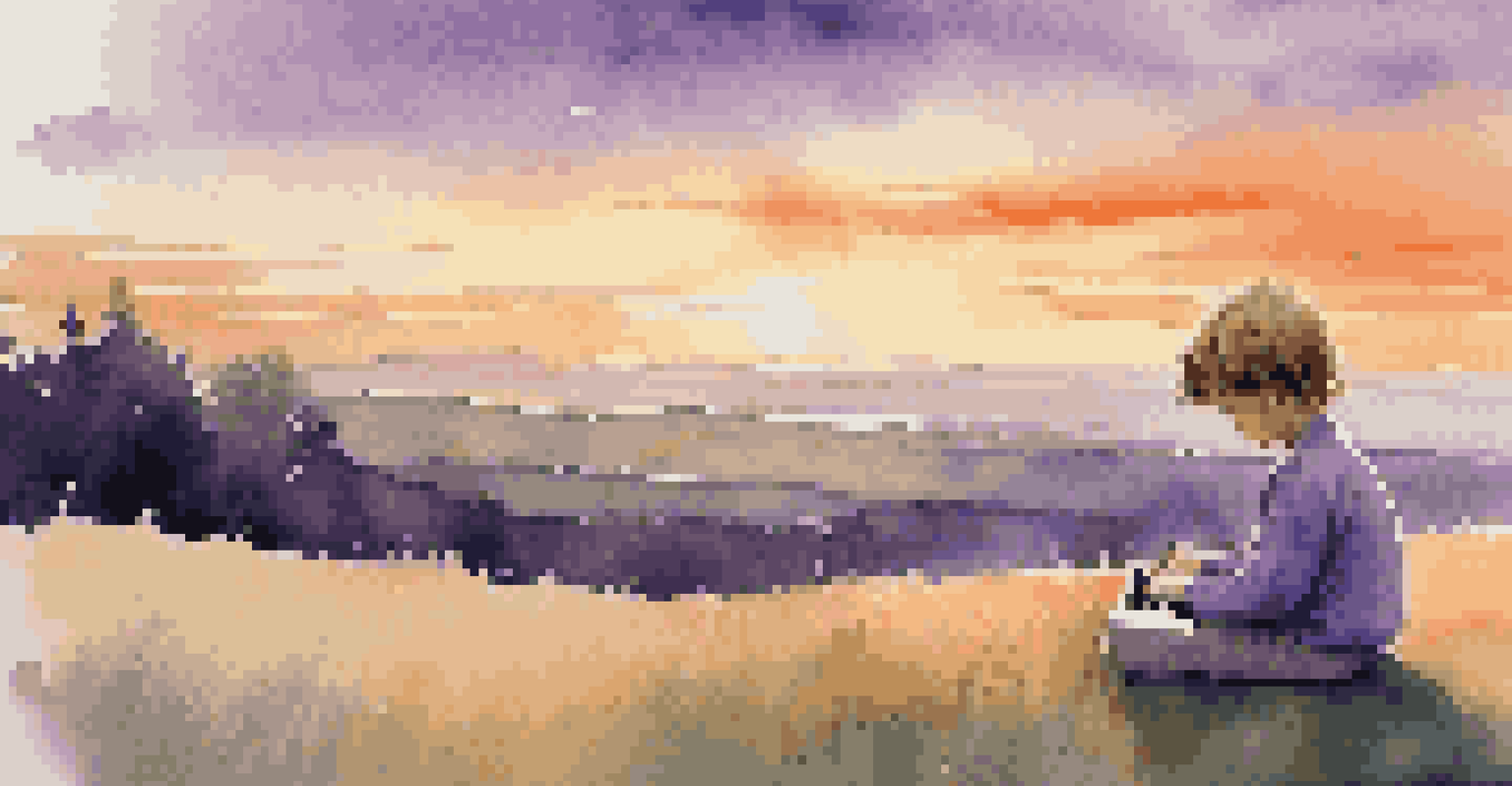 A child sitting on a grassy hill at sunset, playing a keyboard with a peaceful expression.