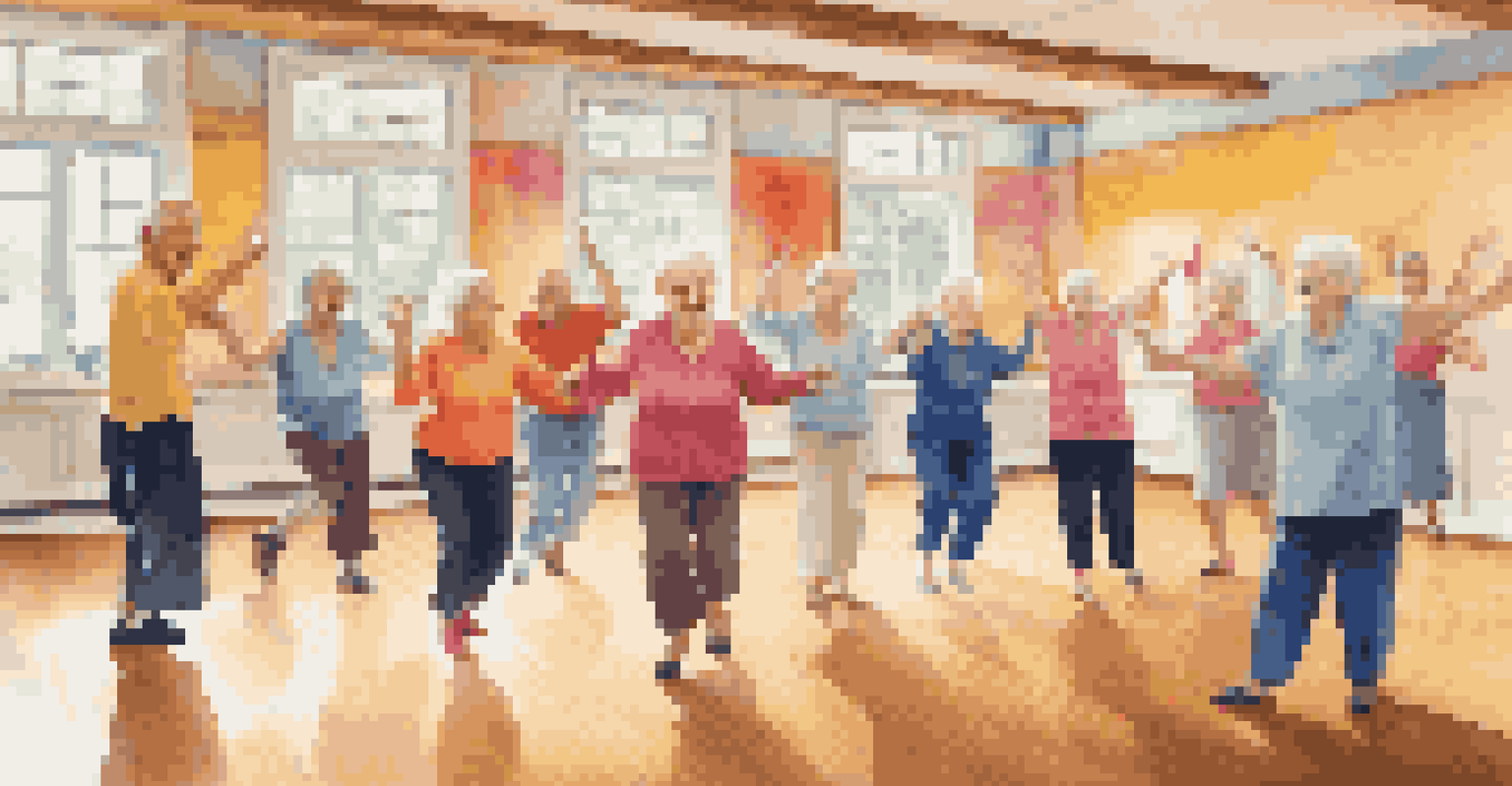 Elderly residents dancing joyfully in an activity room, surrounded by colorful decorations and warm lighting.
