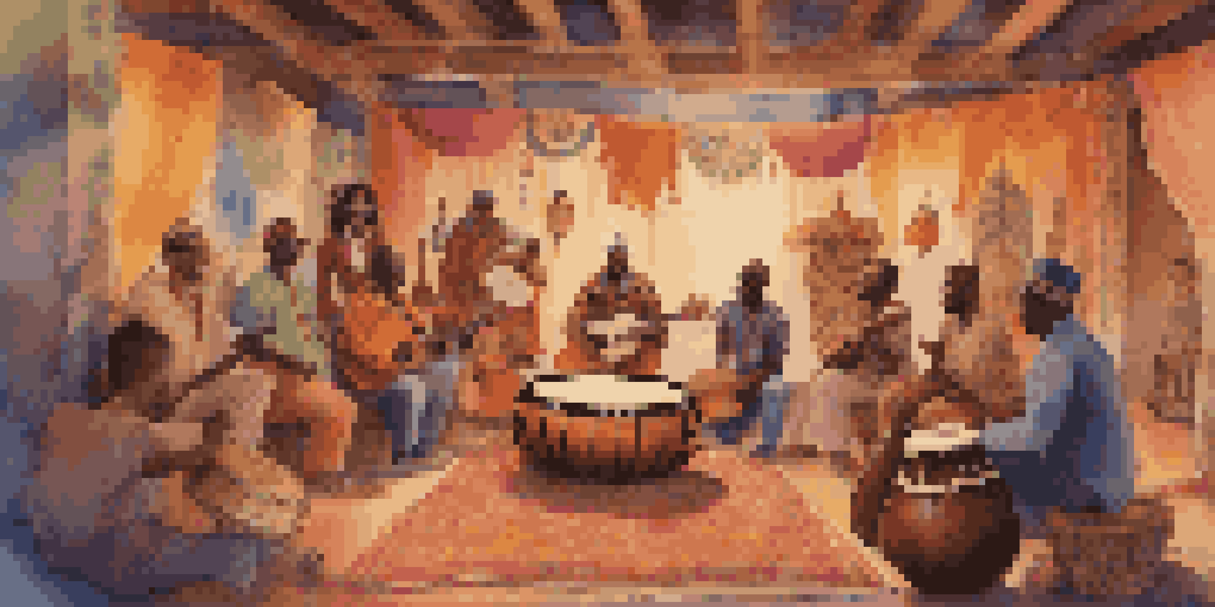A diverse group of musicians collaborating on a film soundtrack, featuring traditional instruments and colorful cultural decorations.