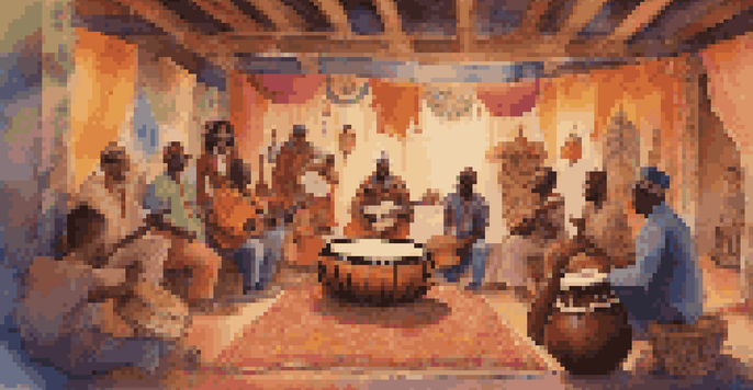 A diverse group of musicians collaborating on a film soundtrack, featuring traditional instruments and colorful cultural decorations.