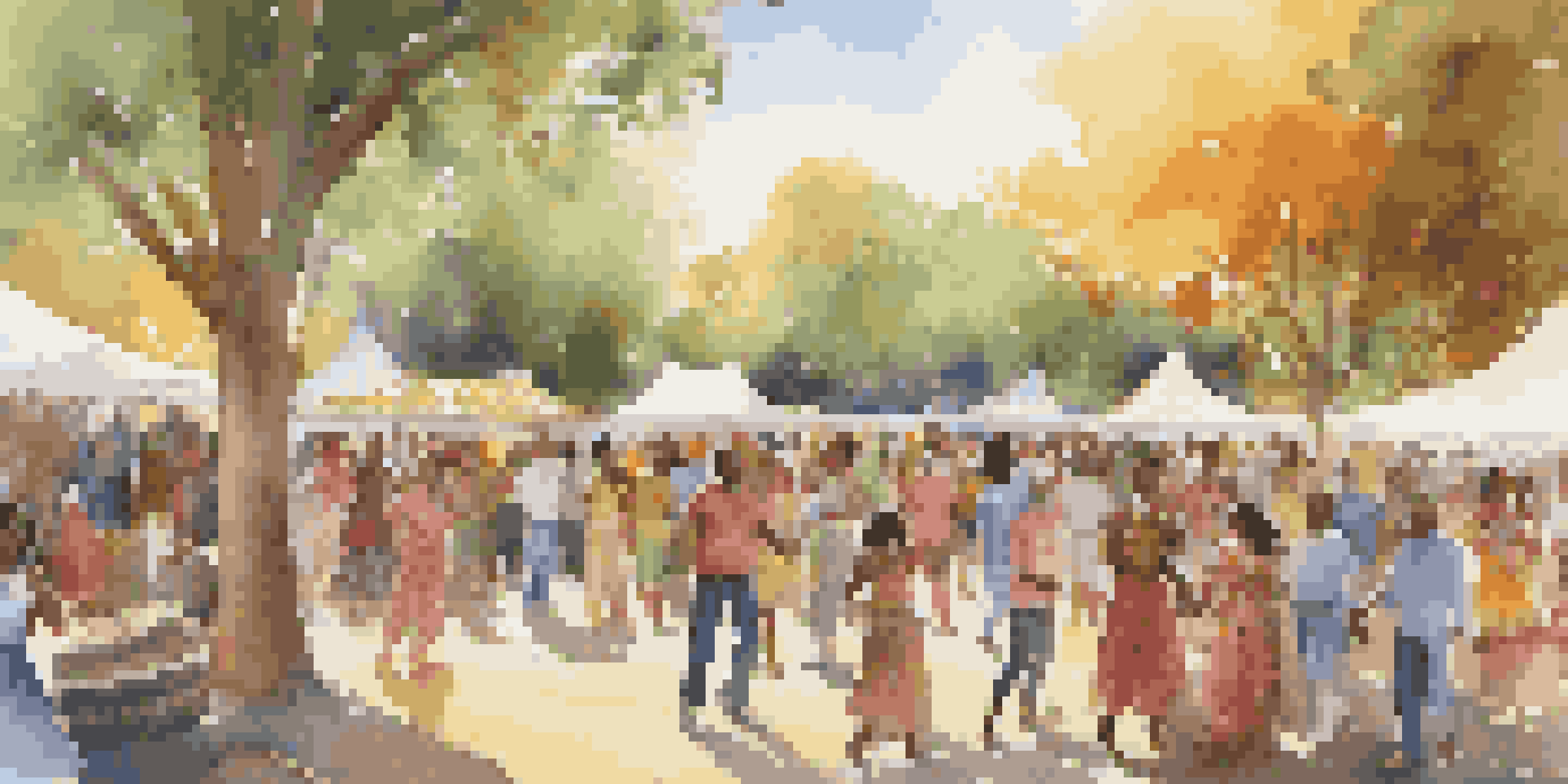 A diverse group of people dancing and enjoying live traditional music at a community gathering in a park, surrounded by colorful decorations and food stalls.