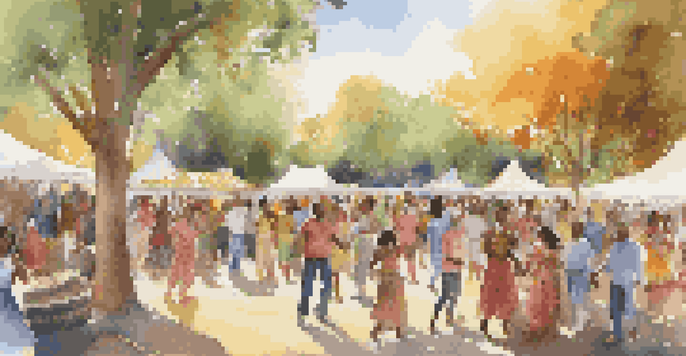 A diverse group of people dancing and enjoying live traditional music at a community gathering in a park, surrounded by colorful decorations and food stalls.
