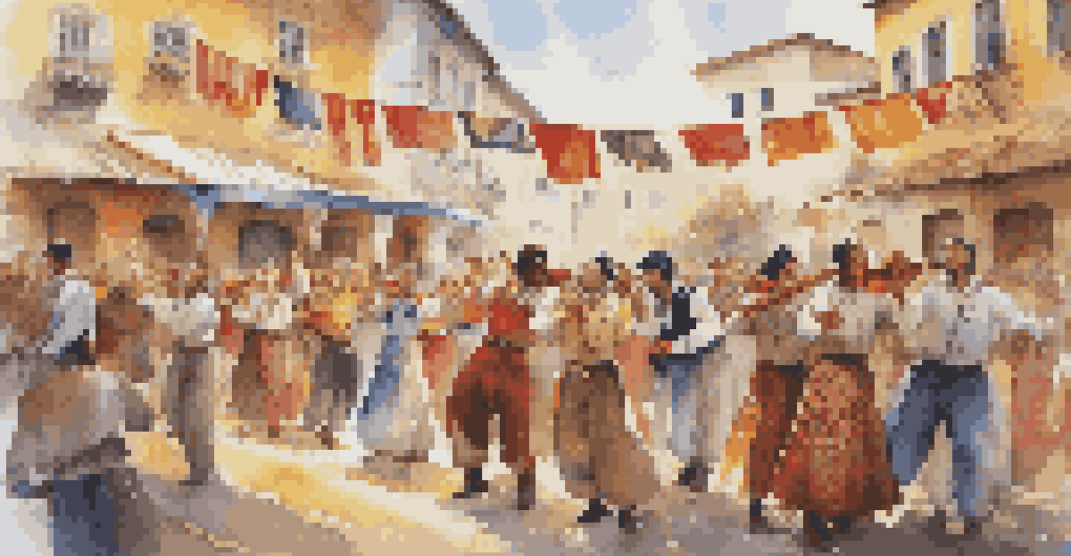 Musicians in traditional attire playing the lira at a vibrant outdoor festival, with a lively crowd and colorful decorations in the background.
