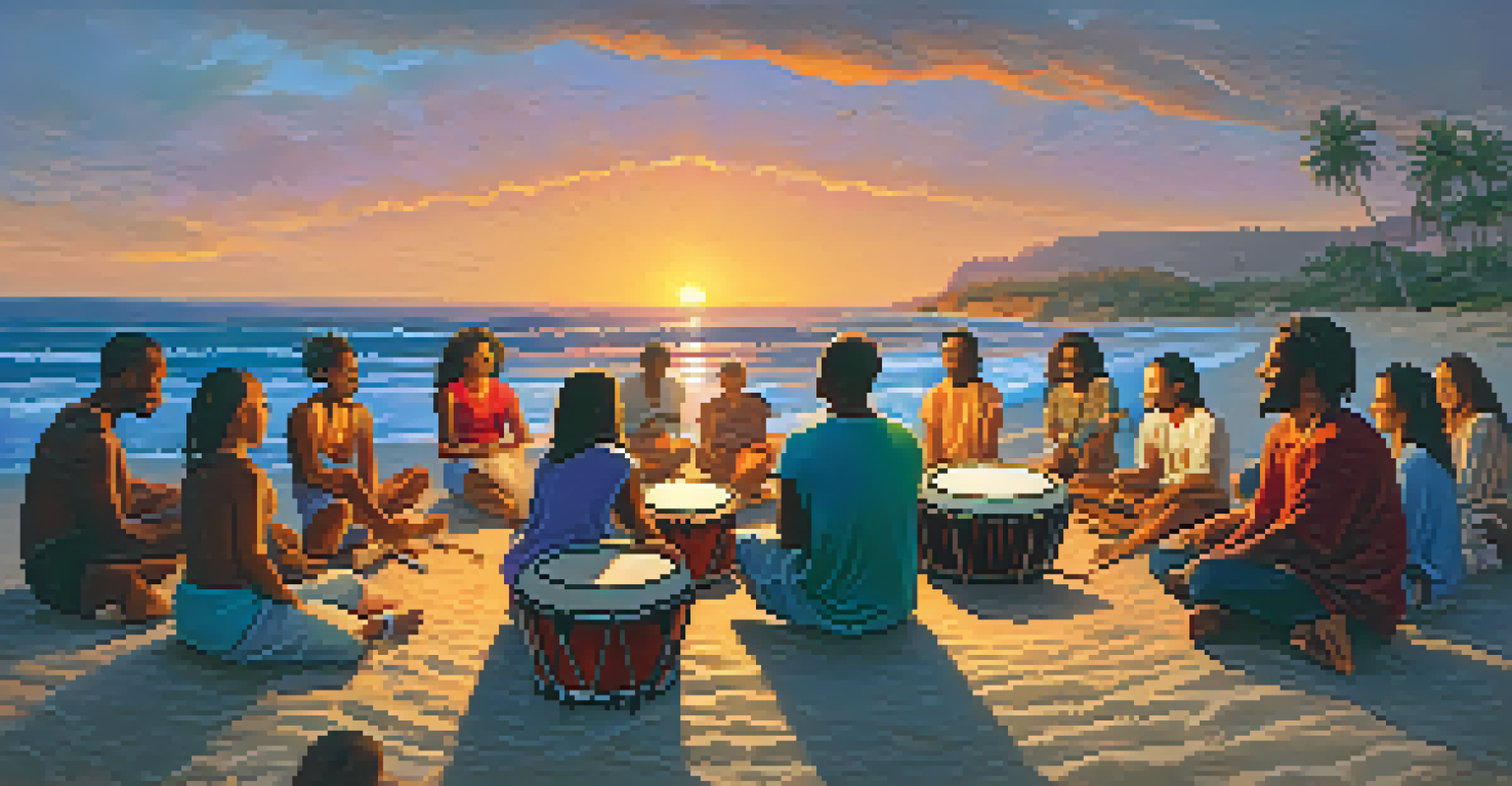 A drum circle on the beach at sunset, with people joyfully playing percussion instruments together.