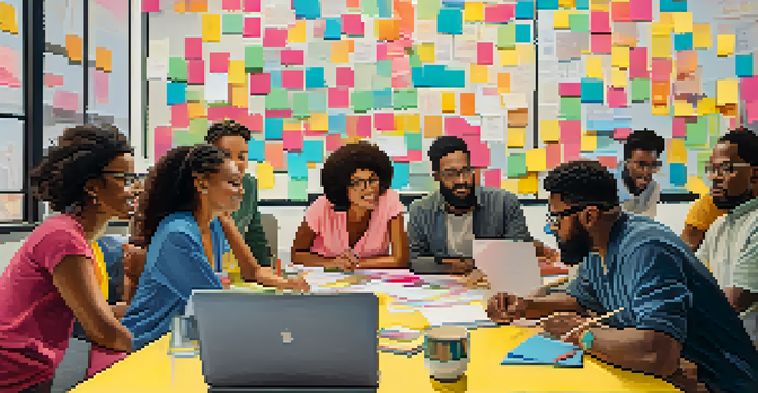 A diverse group of people brainstorming together at a table, surrounded by colorful notes and sketches.
