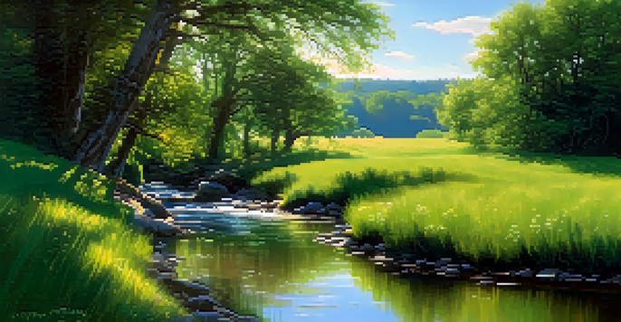 A peaceful green meadow with a flowing stream and a tall tree under a bright blue sky.