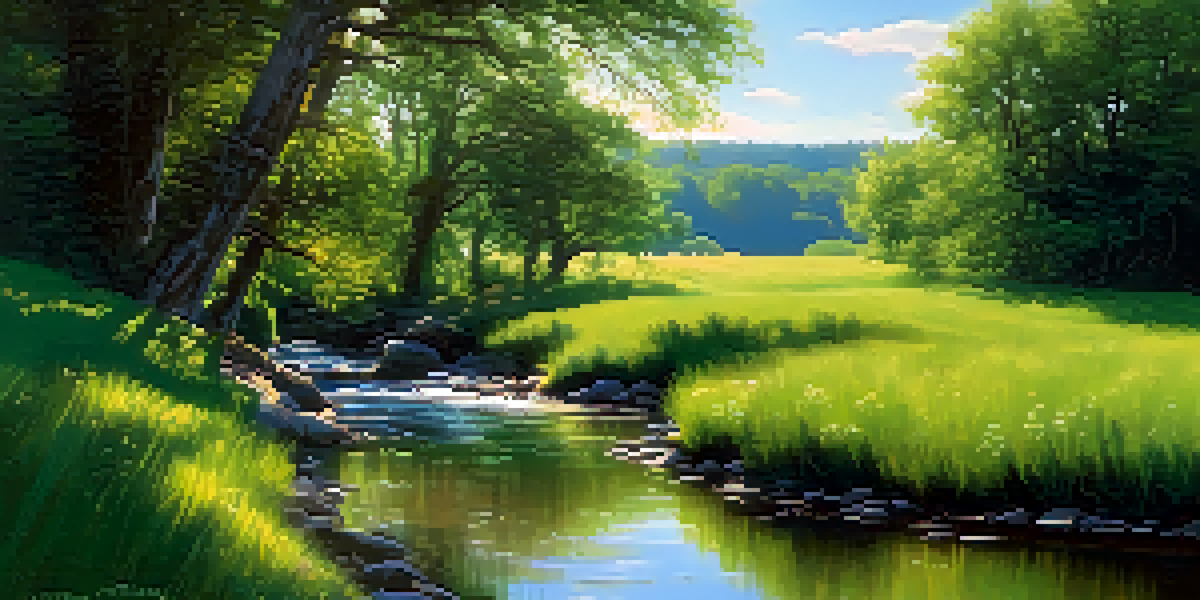 A peaceful green meadow with a flowing stream and a tall tree under a bright blue sky.