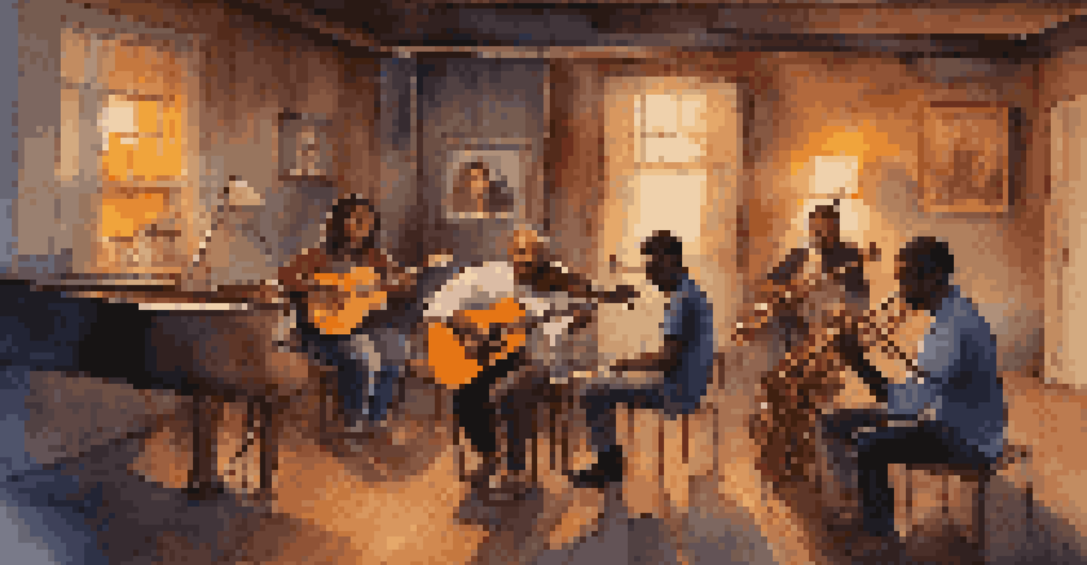 Musicians engaged in a jam session in a cozy, dimly-lit room, with colorful lights reflecting off the walls.