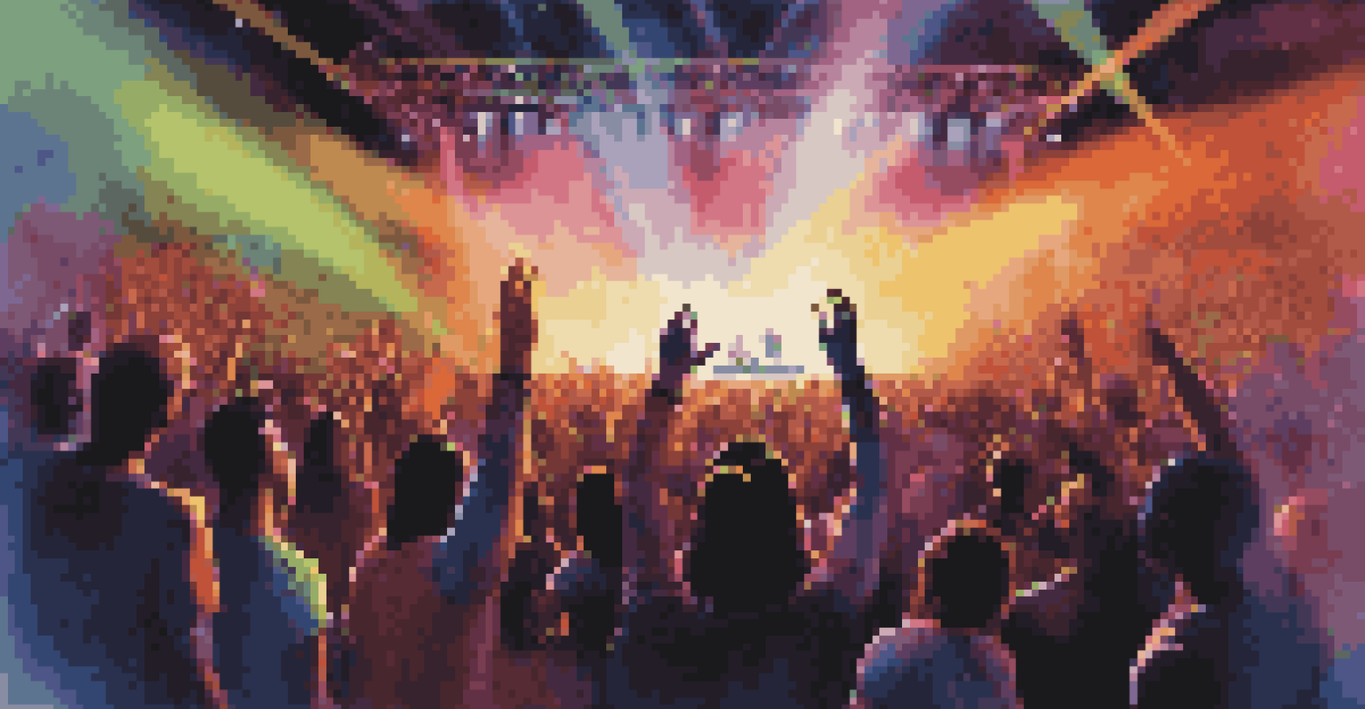 A concert scene with a glowing t-shirt lighting up in rhythm with the music, surrounded by an excited audience and colorful stage lights.