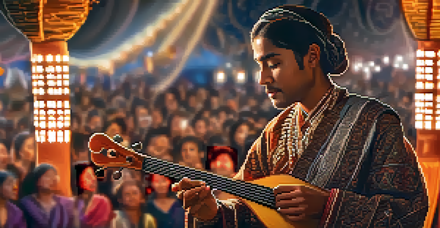 A close-up of a musician playing a traditional instrument on stage, with warm lighting and an engaged audience in the background.