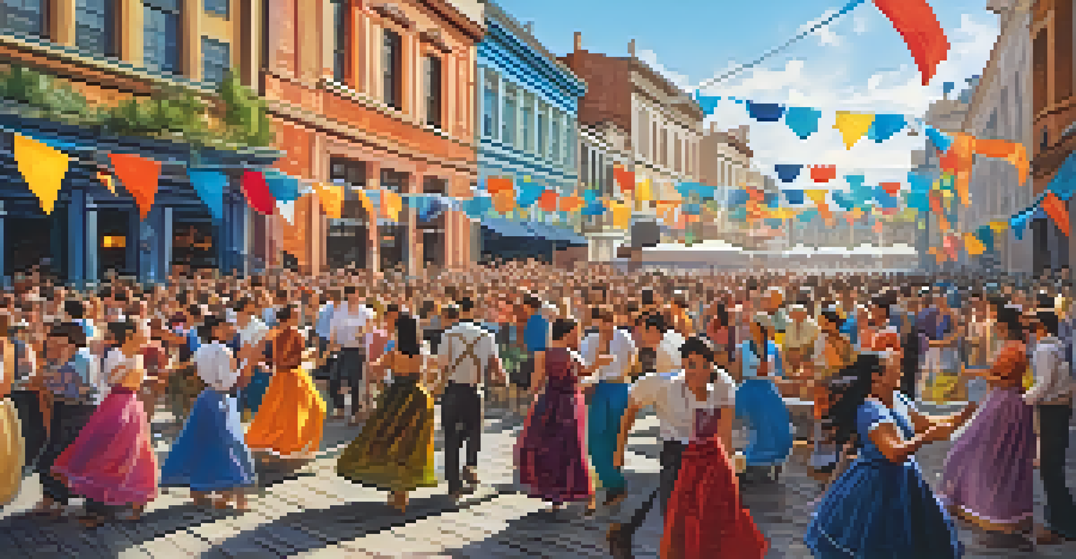 A lively street festival with performers on stage and a crowd dancing, surrounded by colorful banners and historic buildings.