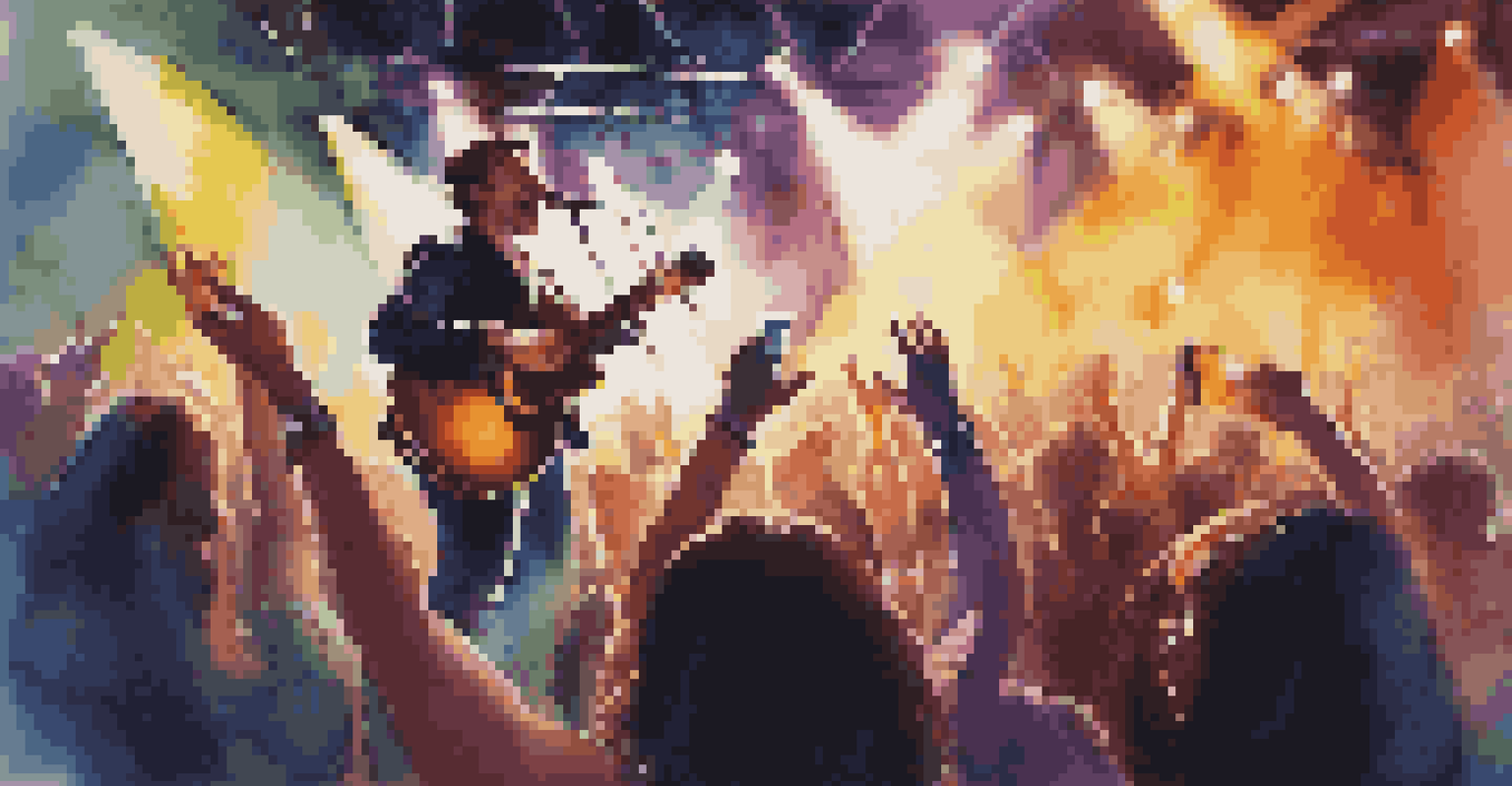 A musician performing live on stage with bright lights and an enthusiastic crowd cheering.