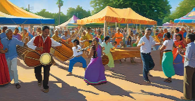 A lively community festival with musicians playing traditional instruments and people dancing, set in a sunny outdoor environment.