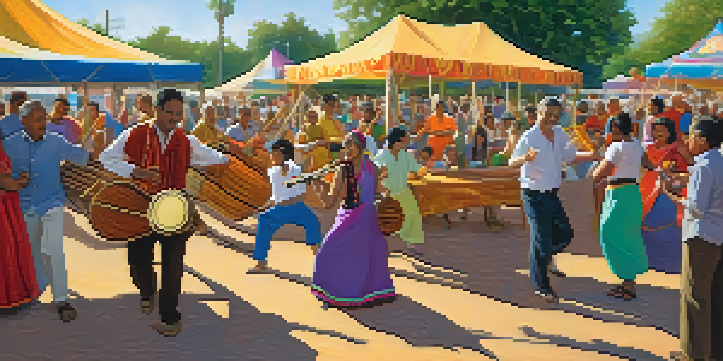 A lively community festival with musicians playing traditional instruments and people dancing, set in a sunny outdoor environment.