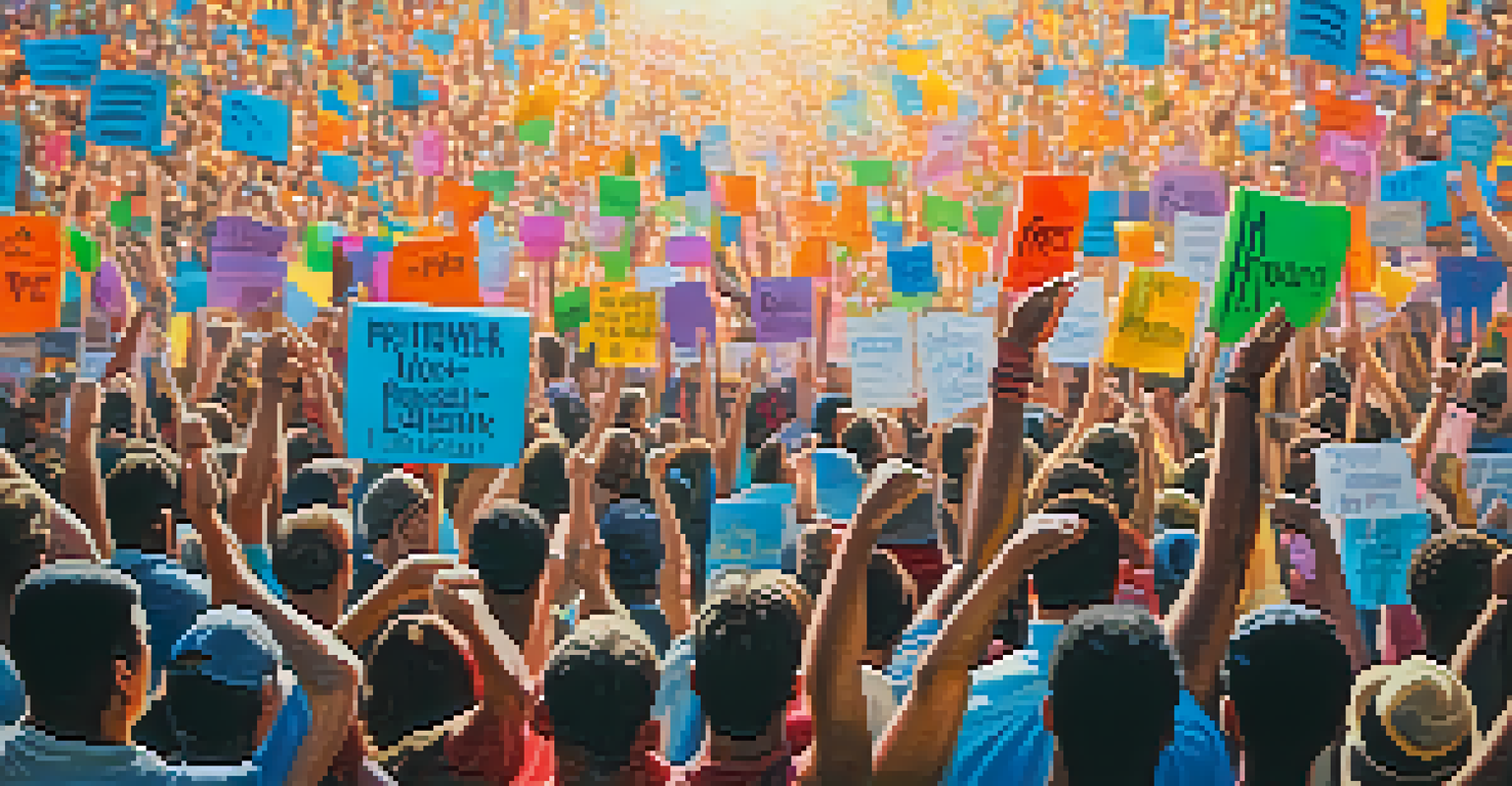Close-up of raised hands holding colorful protest signs with a blurred crowd in the background.