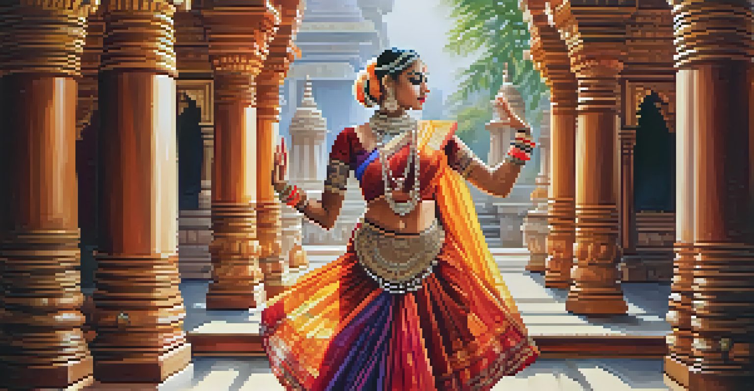 A Bharatanatyam dancer in a temple, showcasing colorful attire and expressive gestures in soft natural light.