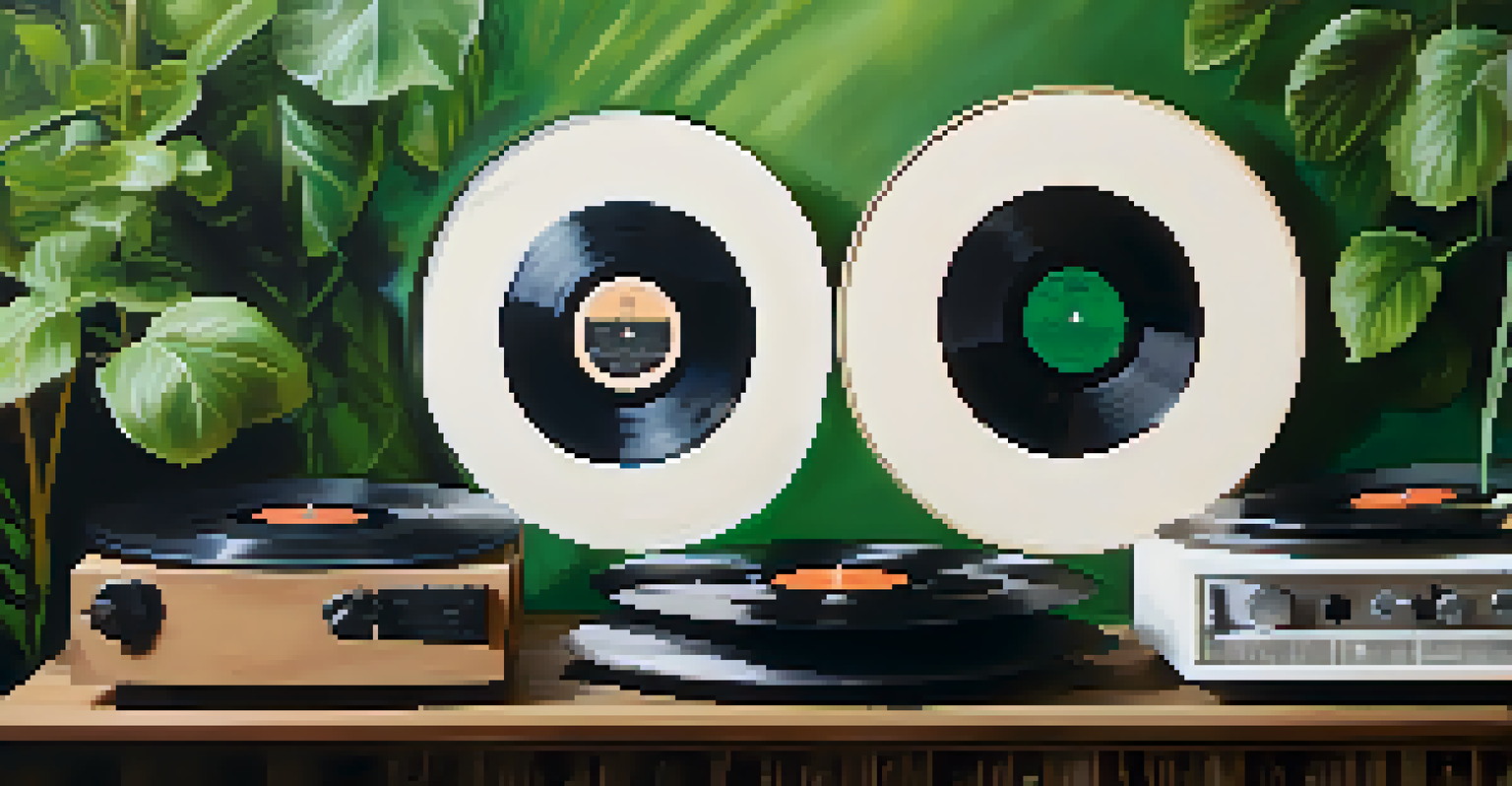 A close-up of recycled vinyl records artistically arranged with green plants, highlighting the theme of sustainability in music.