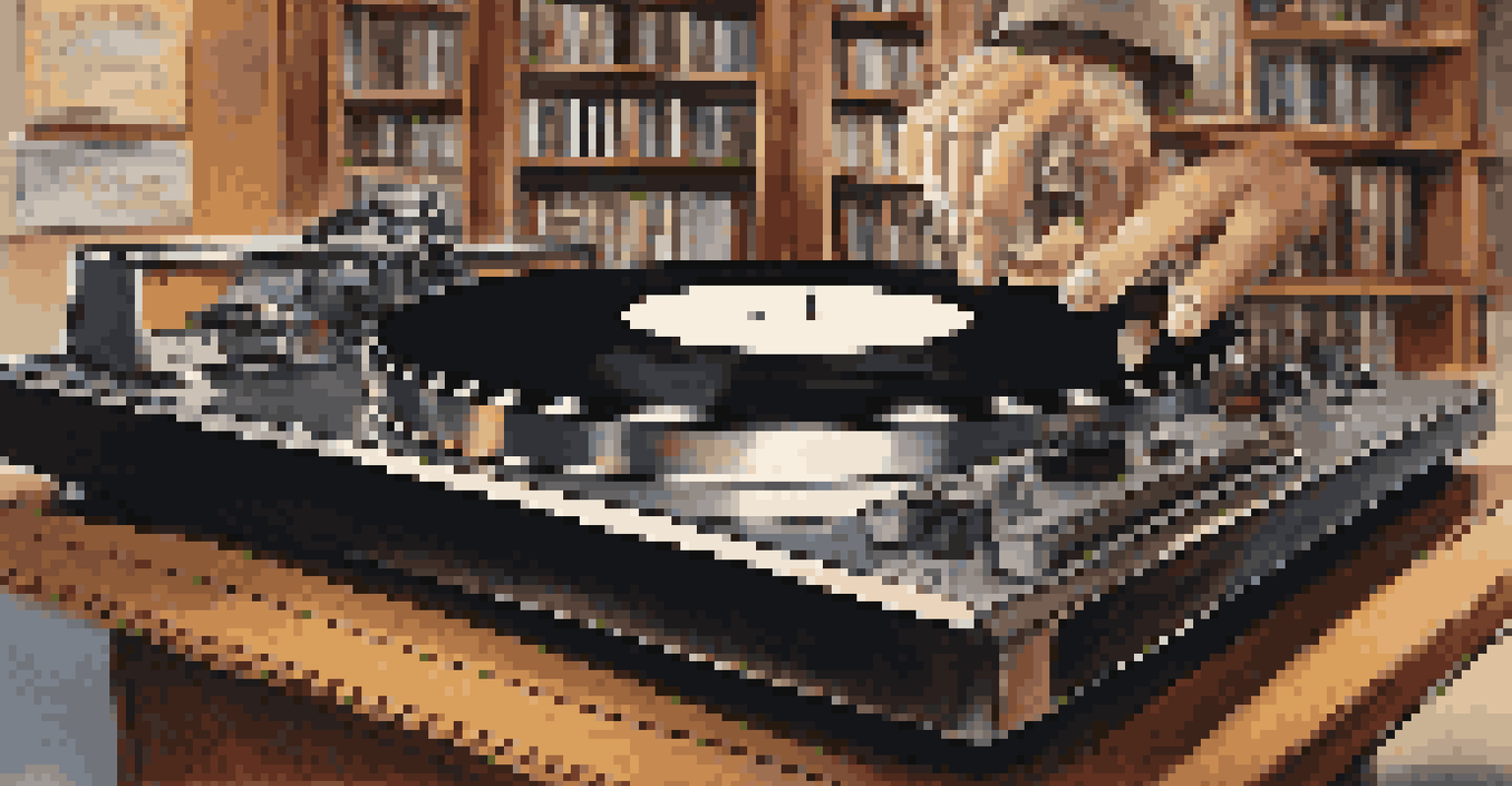 A close-up of a vinyl record on a turntable with a hand adjusting the volume, surrounded by music albums in the background.