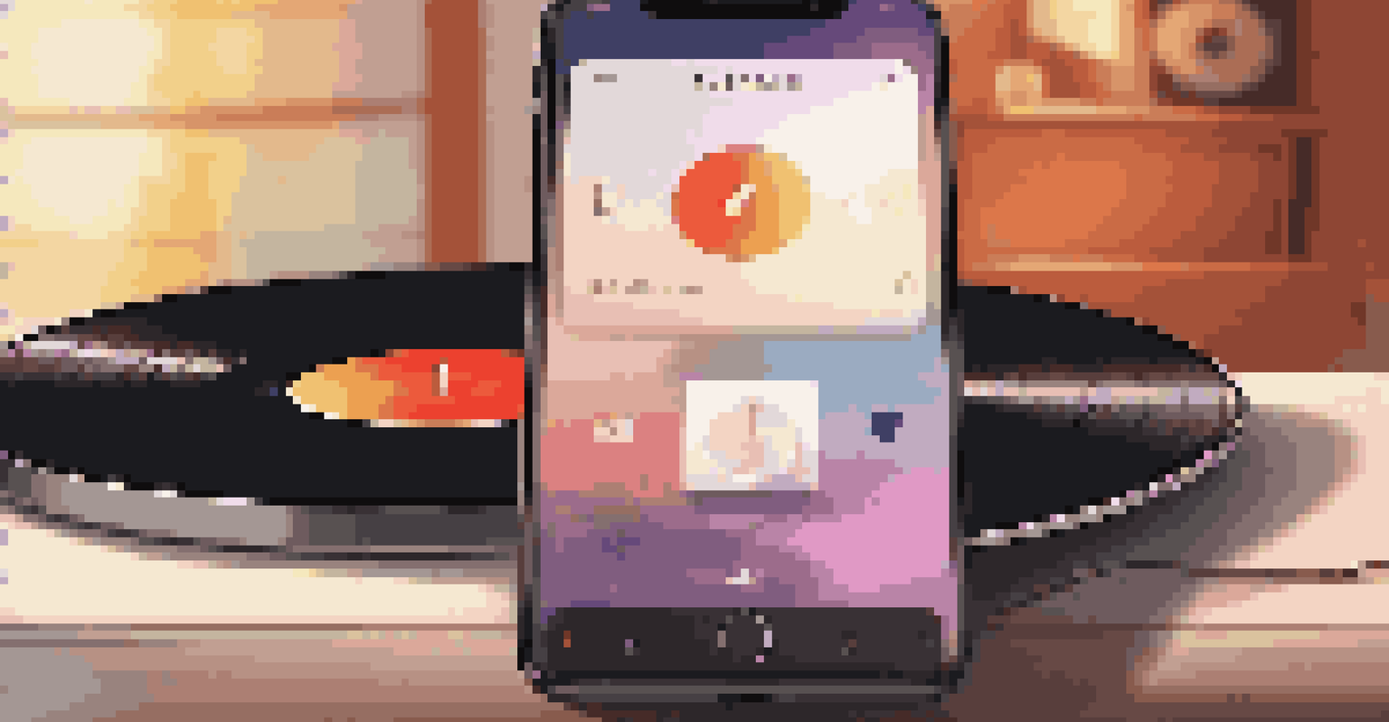 A smartphone displaying a music streaming app with an album cover and play button, in a cozy setting.