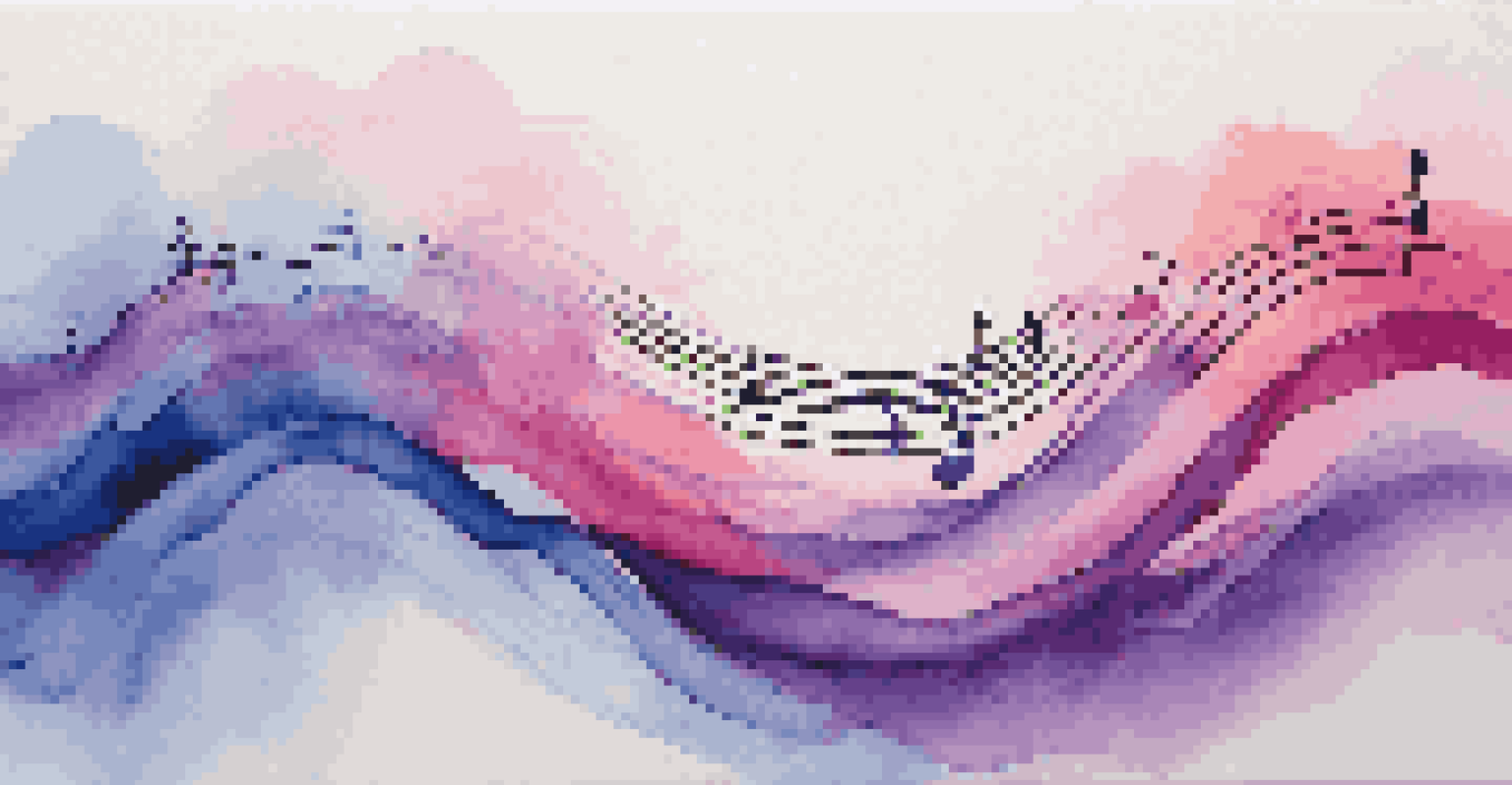 An abstract depiction of colorful sound waves and musical notes representing relaxation.