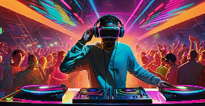A DJ performing in a virtual reality setting with colorful lights and animated avatars dancing around in an immersive experience.