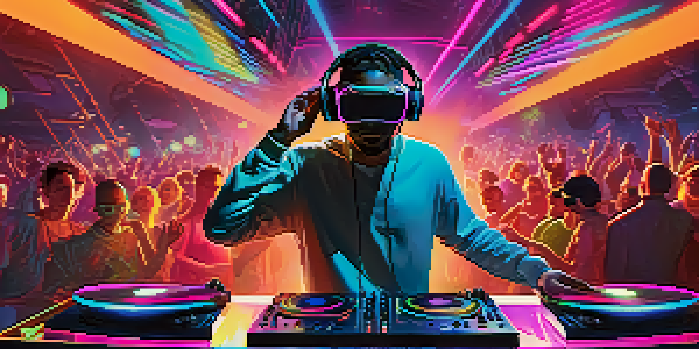 A DJ performing in a virtual reality setting with colorful lights and animated avatars dancing around in an immersive experience.