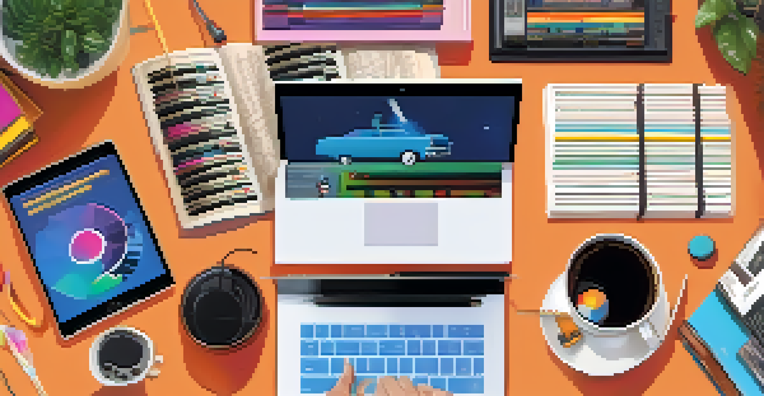 A close-up of hands using a laptop to navigate a digital music library, with colorful album covers displayed on the screen.