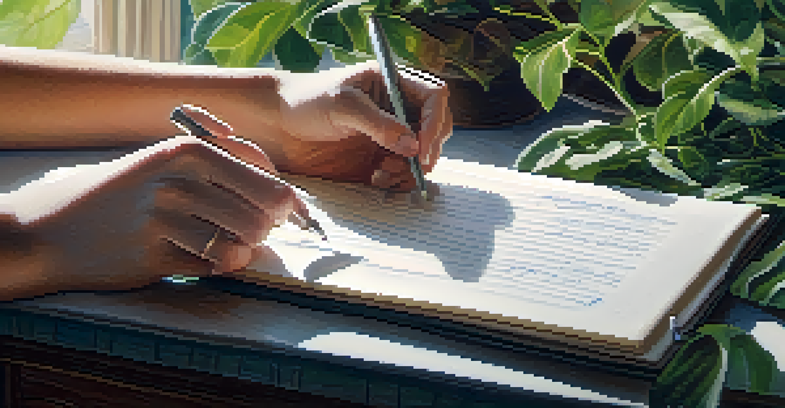 A close-up of a woman's hands writing lyrics on a notepad with a green plant in the background, emphasizing creativity and environmental themes.