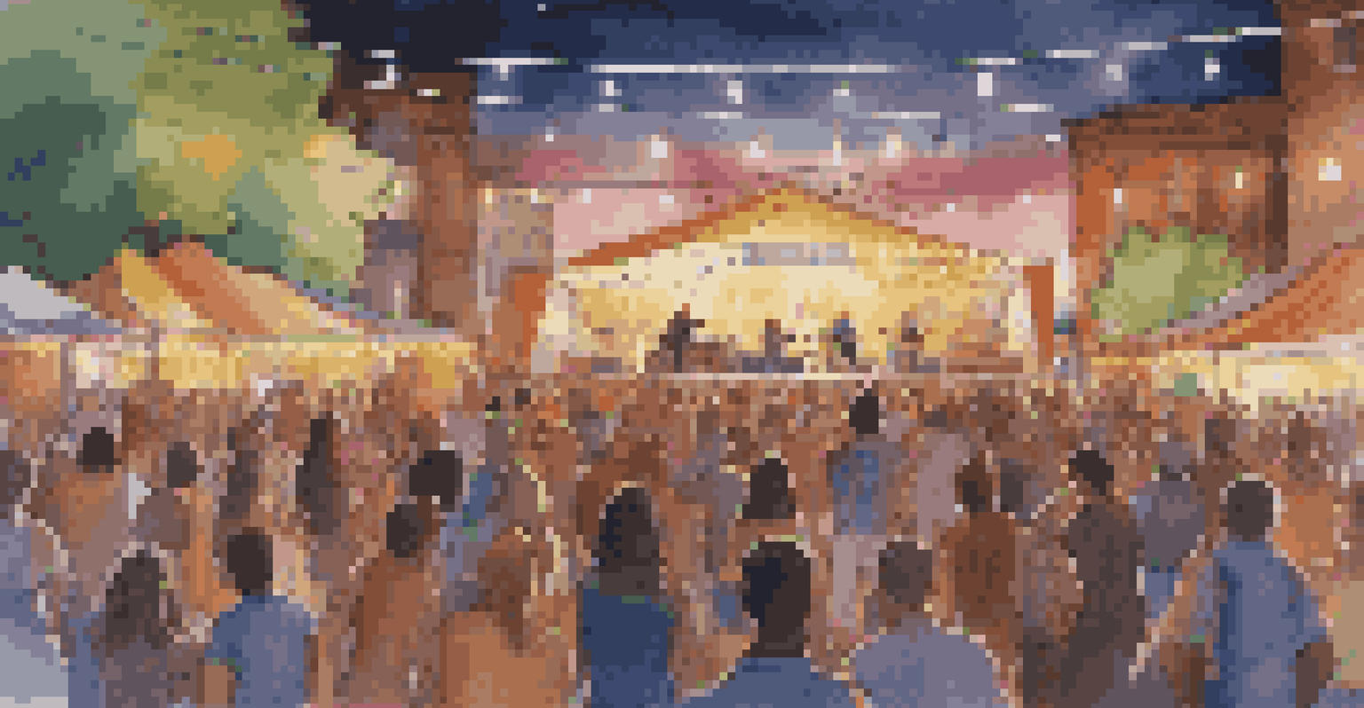 A lively outdoor music festival with a local band performing on stage and a crowd dancing joyfully, surrounded by colorful lights and food stalls.