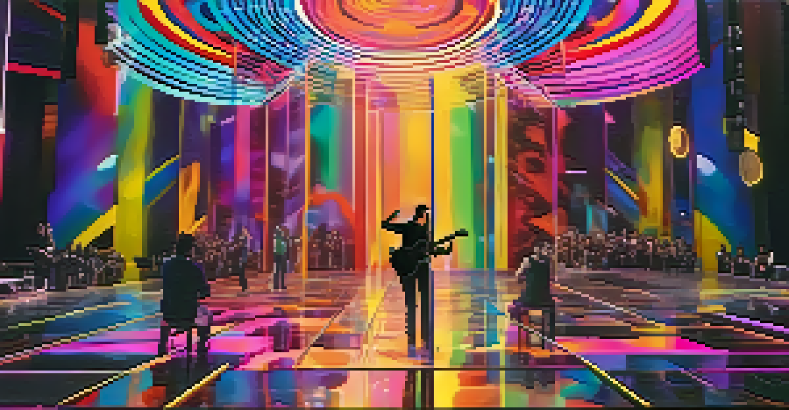 A musician performing on stage with augmented reality visuals, featuring colorful digital animations that enhance the experience.