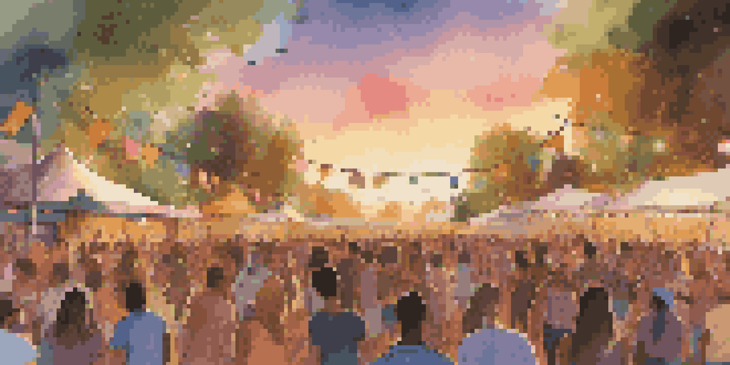 A lively outdoor music festival with a diverse crowd, colorful stage lights, and a warm sunset atmosphere.