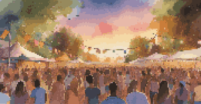 A lively outdoor music festival with a diverse crowd, colorful stage lights, and a warm sunset atmosphere.