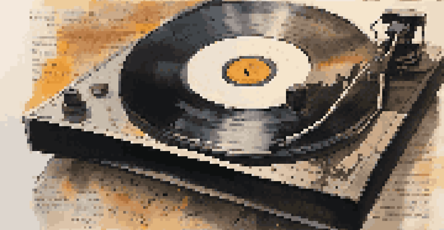 A close-up of a spinning vinyl record on a turntable, surrounded by notes and sketches of hip-hop lyrics in warm lighting.