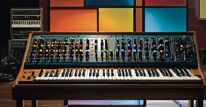 A vintage Moog synthesizer in a dimly lit recording studio with colorful knobs and sliders, surrounded by musical notes and a vinyl record.
