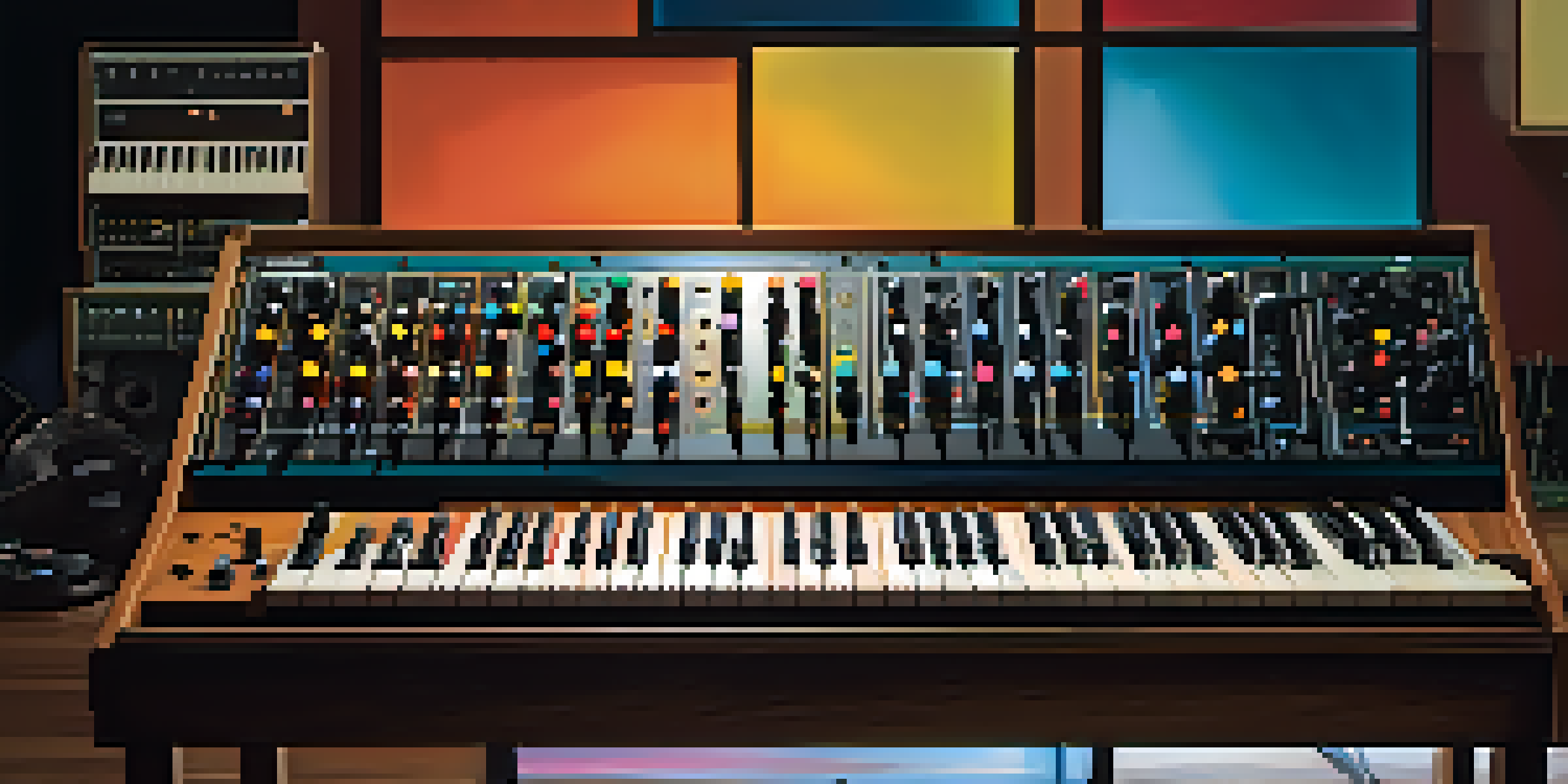 A vintage Moog synthesizer in a dimly lit recording studio with colorful knobs and sliders, surrounded by musical notes and a vinyl record.