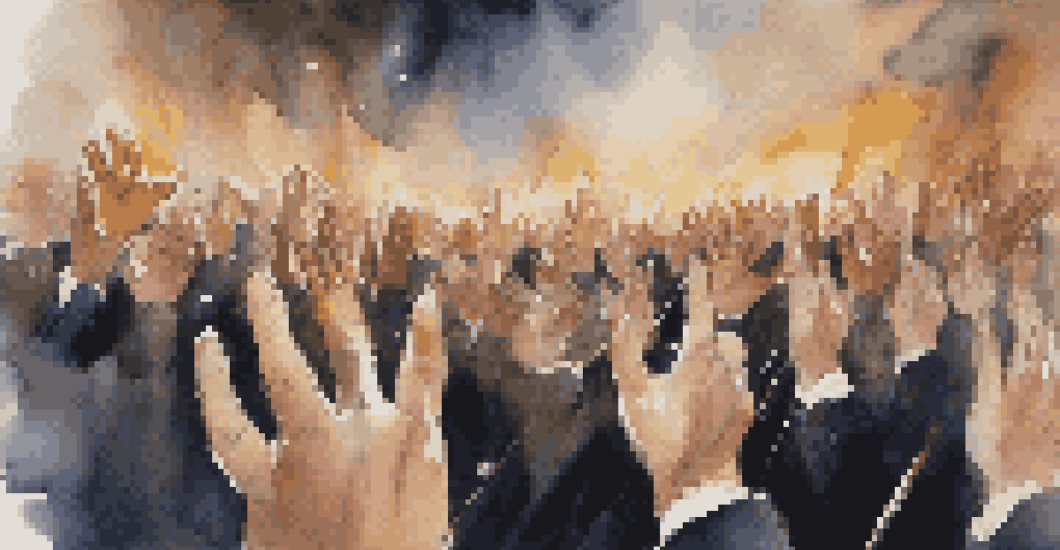 A close-up of a conductor's hands leading a choir, with a baton and expressive gestures, set against a softly blurred background.