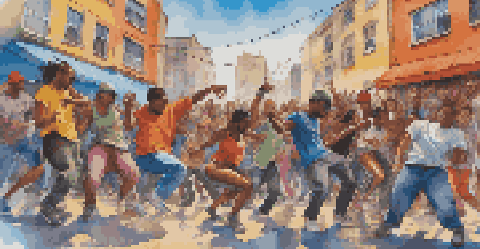 A dynamic street dance battle with dancers performing hip-hop in front of colorful graffiti, surrounded by an excited crowd.