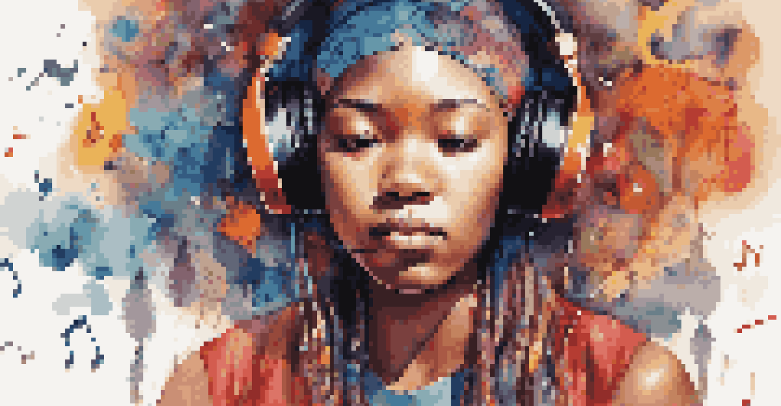 A young person wearing headphones, surrounded by floating musical notes and symbols from various cultures, depicting the fusion of global music styles.