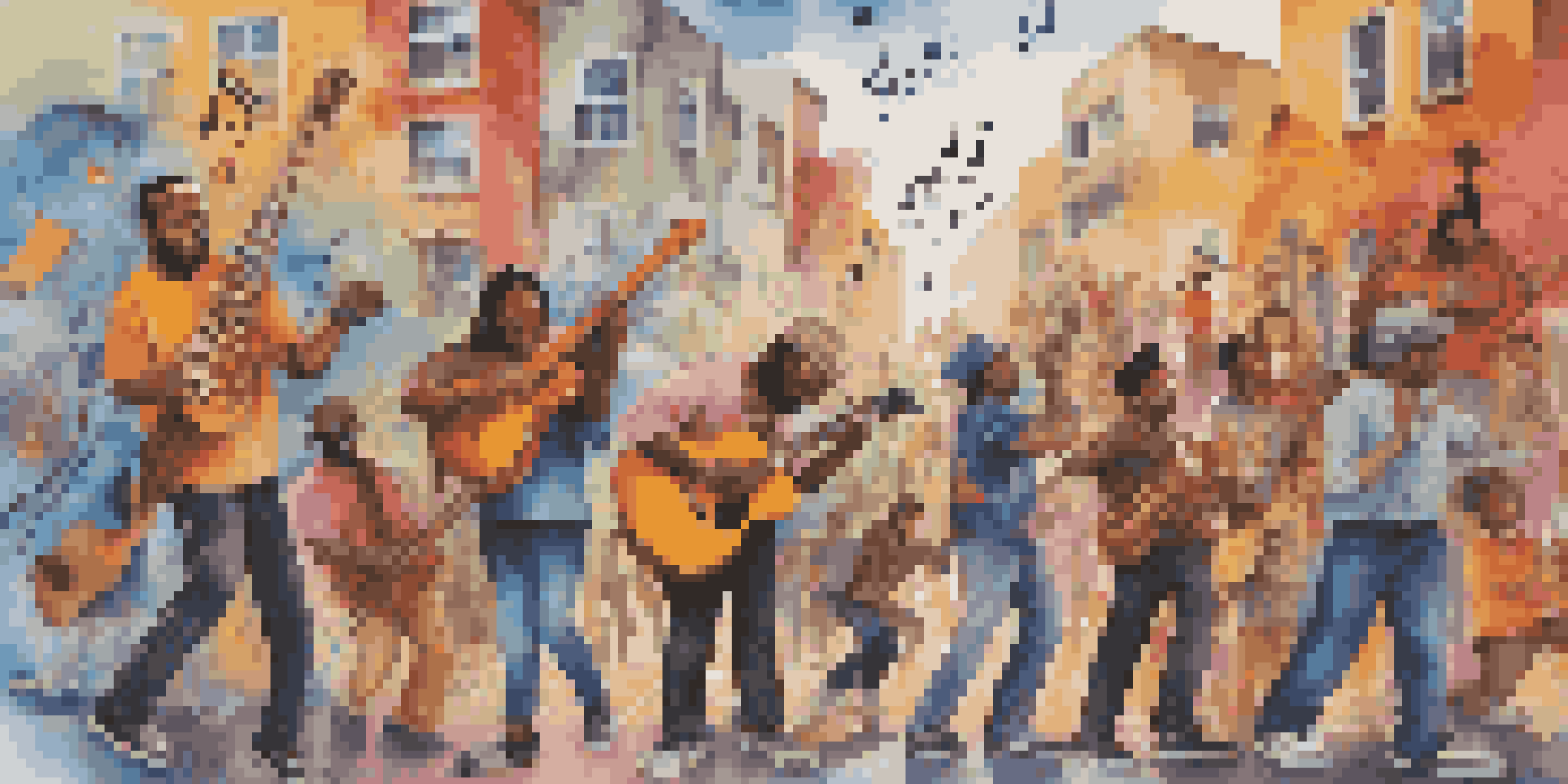 A colorful street mural showing diverse musicians collaborating with various instruments and abstract musical notes in the background.