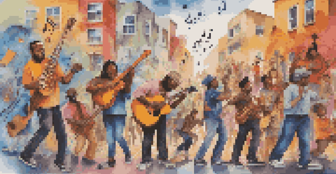 A colorful street mural showing diverse musicians collaborating with various instruments and abstract musical notes in the background.