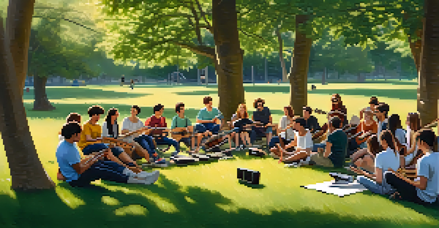 Students enjoying a collaborative music session outdoors in a park, playing instruments together on the grass, surrounded by trees and nature.