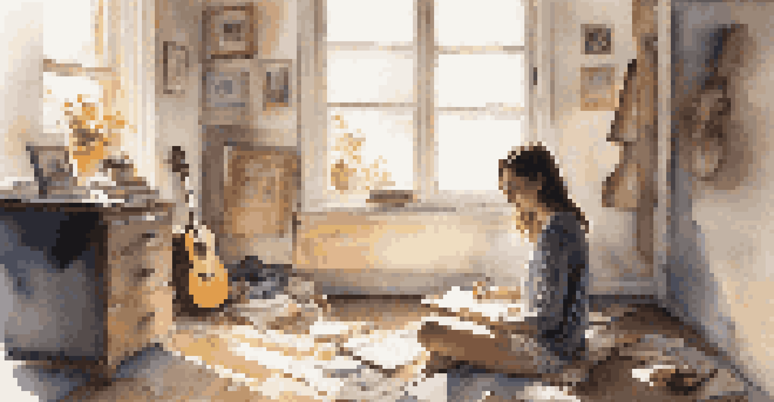 A young woman sitting on the floor of her bedroom, writing lyrics in a notebook, surrounded by music sheets and a guitar.