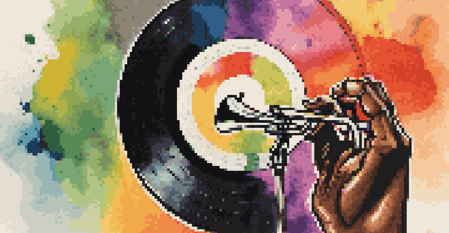 A vinyl record divided into two halves, one featuring a jazz musician and the other a hip-hop artist, with colorful musical notes in the background.
