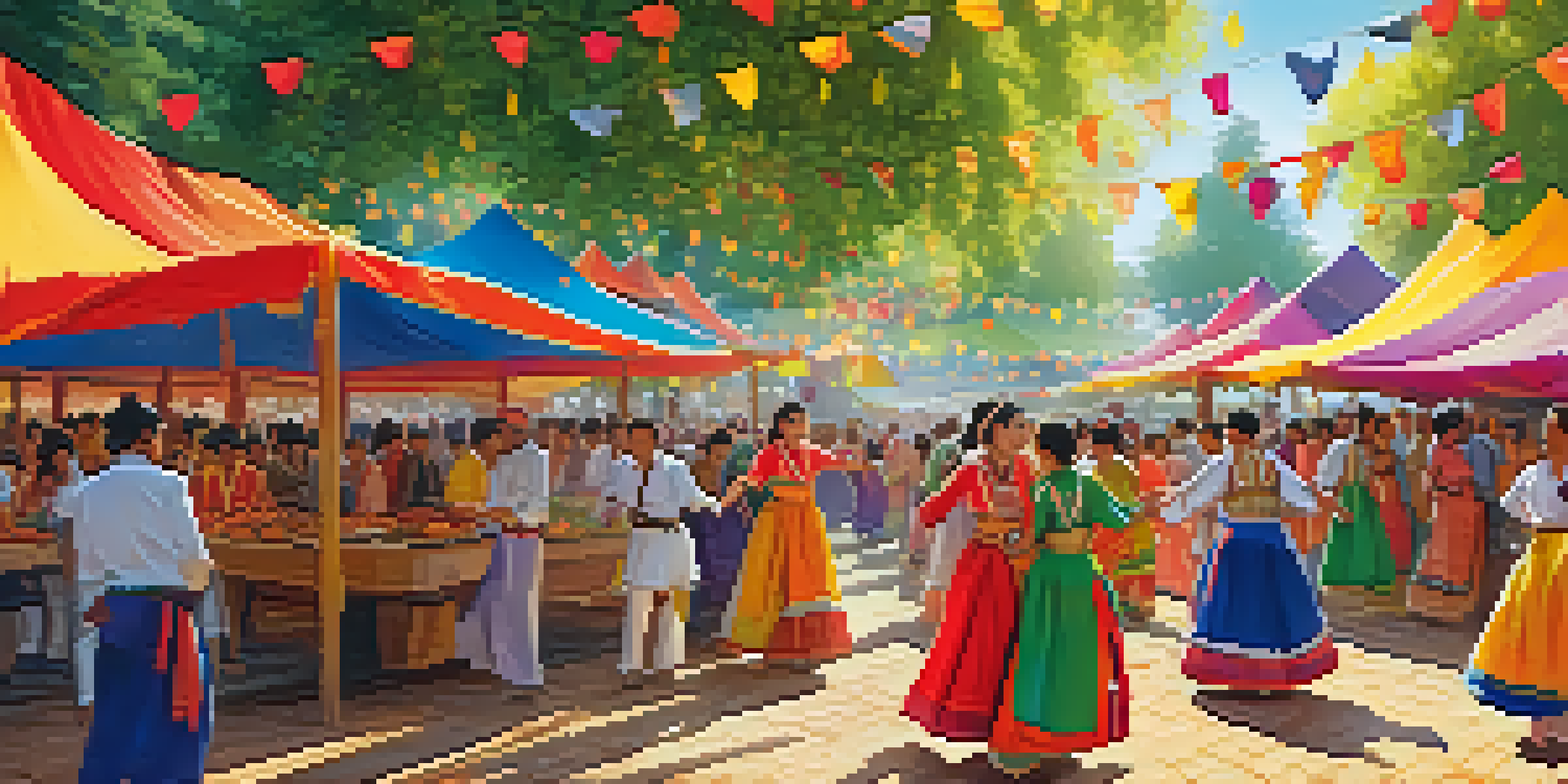A colorful cultural festival with people in traditional costumes dancing and a crowd enjoying food stalls under sunny skies.