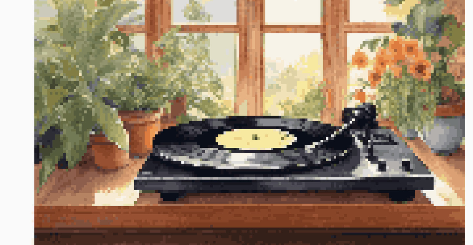 A close-up of a vinyl record on a turntable, surrounded by plants, showcasing an eco-themed design.